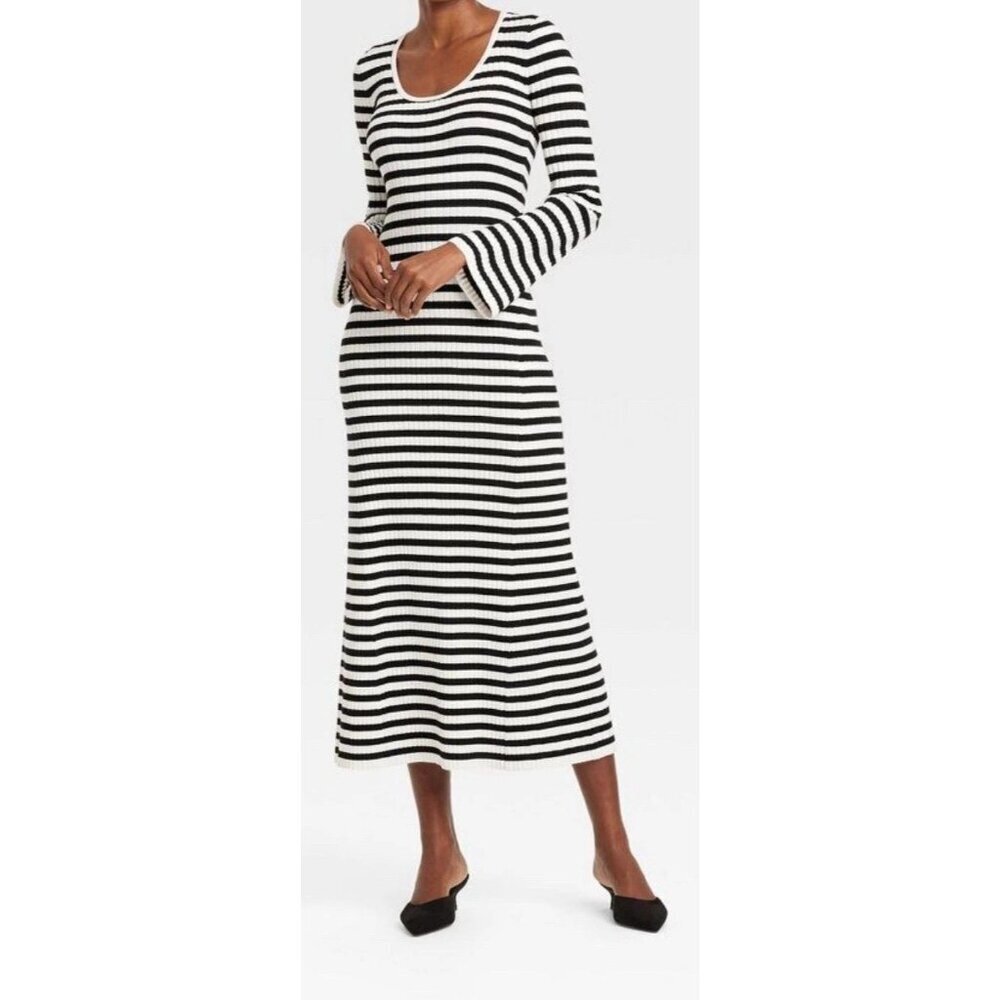 NEW A New Day Women's L Black & White Striped Maxi Sweater Dress i1615